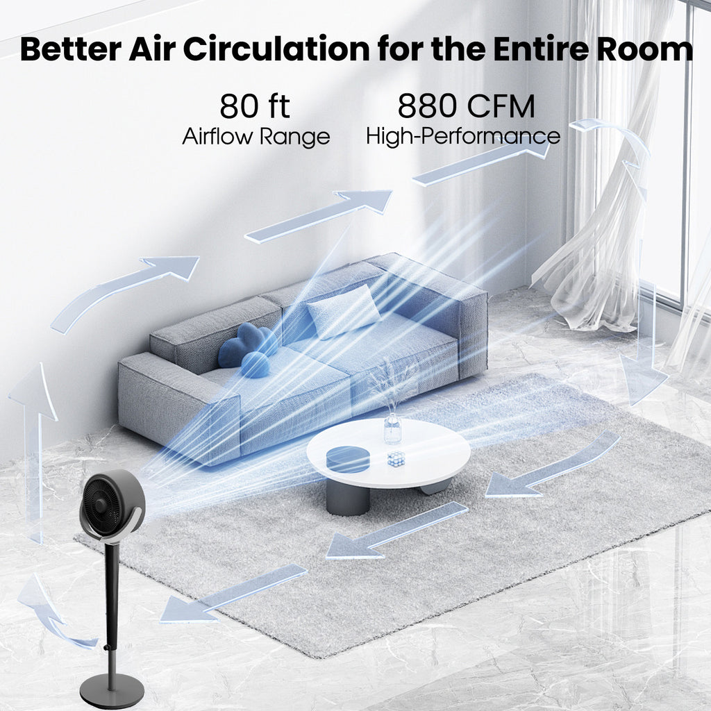 VAJIAZA 37"-46" Pedestal Fan, Quiet Standing Fan for Home Bedroom, 120°+120° Smart 3D Oscillating Floor Fan, 16 Speeds, 4 Wind Modes, Screen-Off, Child Lock, 12H Timer