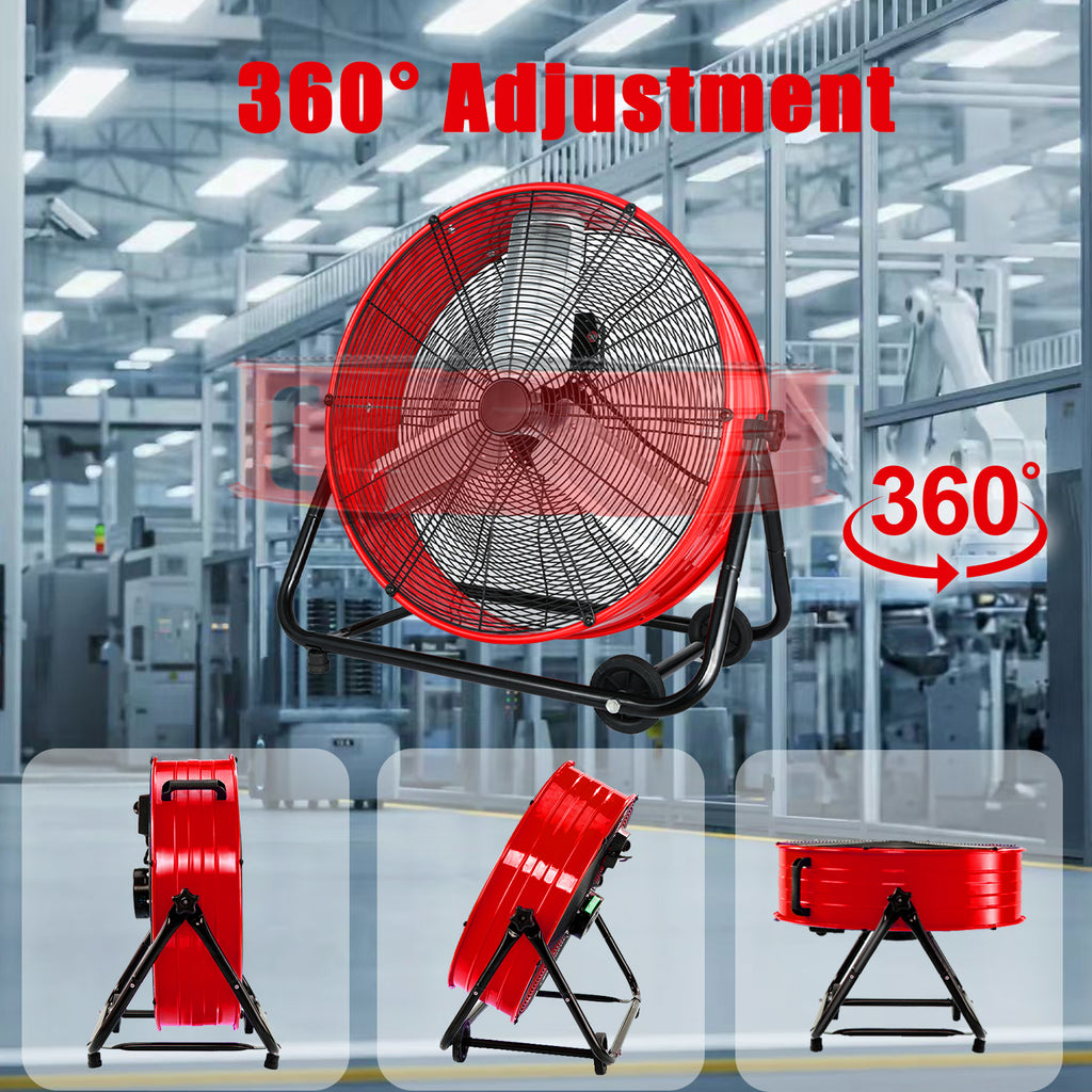 Industrial Fans 24" up to 8800 CFM, High Velocity Fan with 3 Speeds, Heavy Duty Blower Fan Equipped 360° Tilt Air Circulator Recommended Use in Warehouse, Garage, Yard, Red
