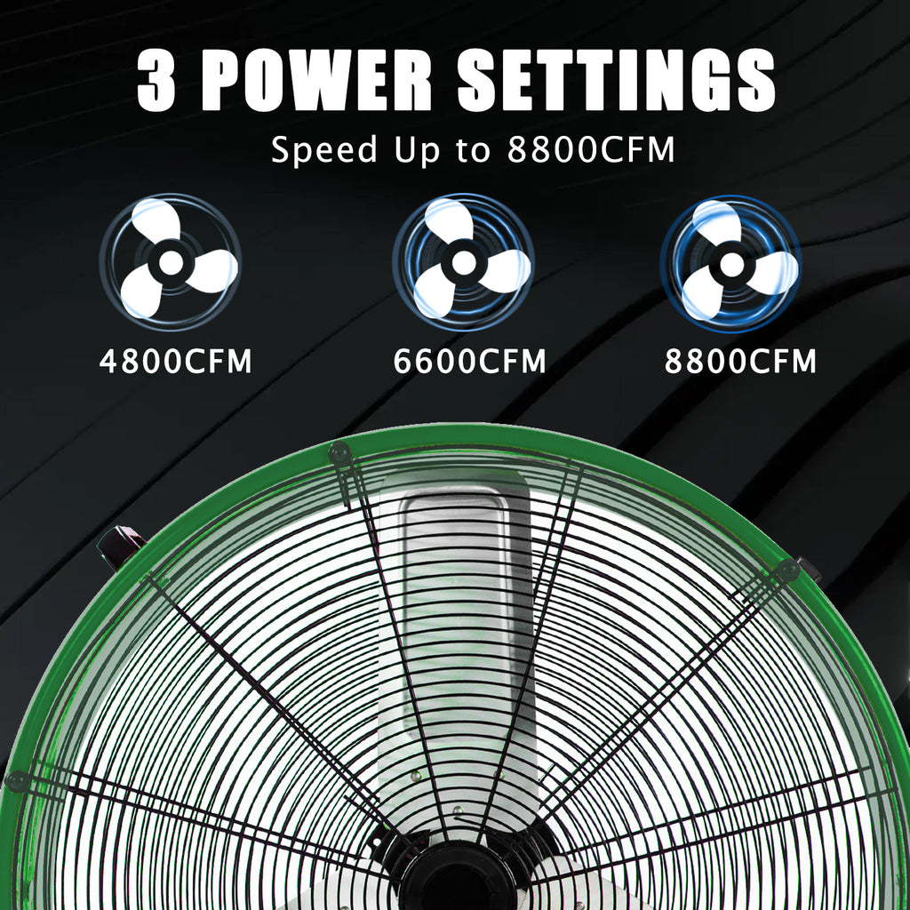 Industrial Fan 24" up to 8800 CFM, High Velocity Fan with 3 Speeds, Heavy Duty Blower Equipped Waterproof Cover, 360° Adjustment, Green