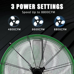 Industrial Fan 24" up to 8800 CFM, High Velocity Fan with 3 Speeds, Heavy Duty Blower Equipped Waterproof Cover, 360° Adjustment, Green