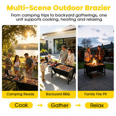 VAJIAZA 53.5 in. Expandable Fire Pit for Outside, 3-in-1 Wood Burning Fire Pit, Steel Fire Pit Tables with BBQ Net, Poker, Grill Brush