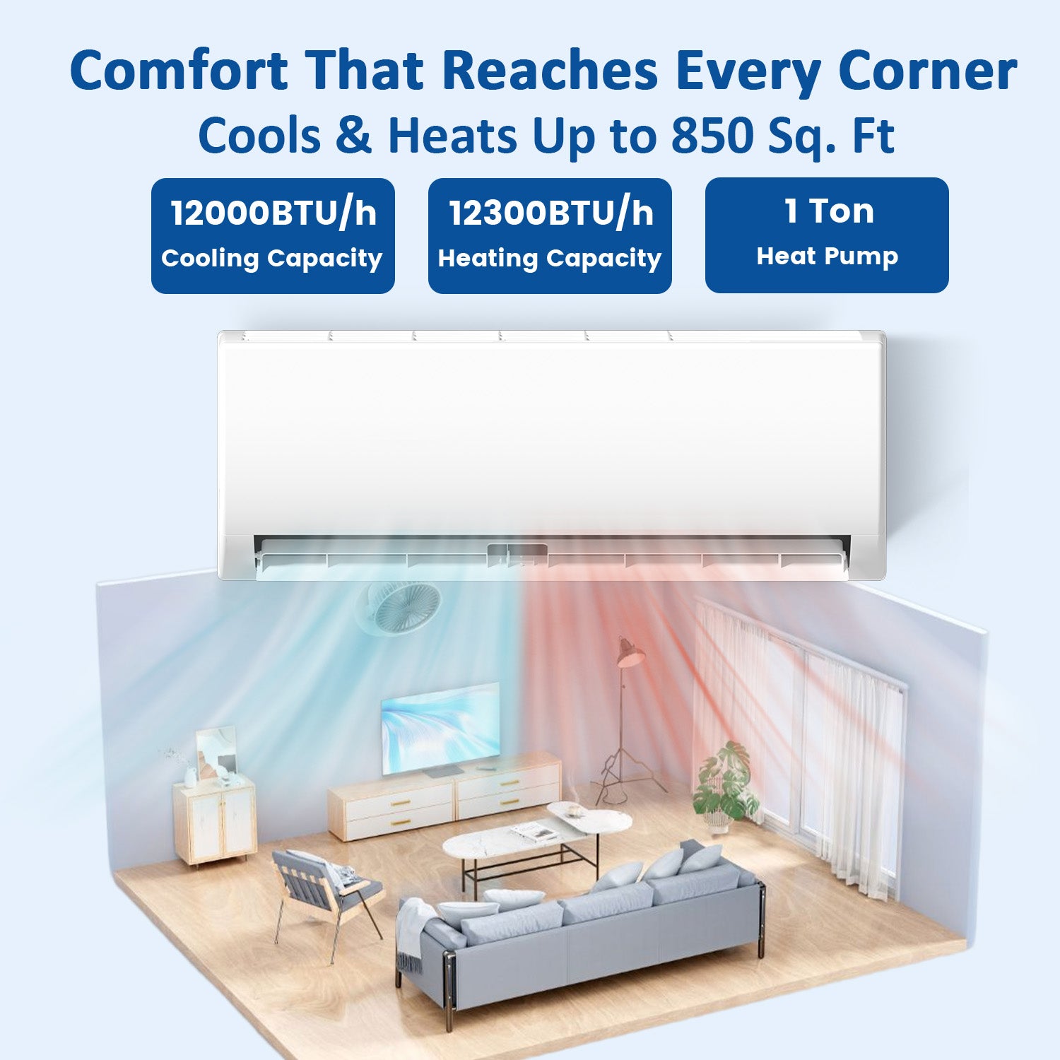 12000 BTU Mini Split Air Conditioner & Heater, 19 SEER2 230V Energy Efficient Ductless Wall-Mounted AC Unit Covers Up to 850 Sq.Ft, Remote Control