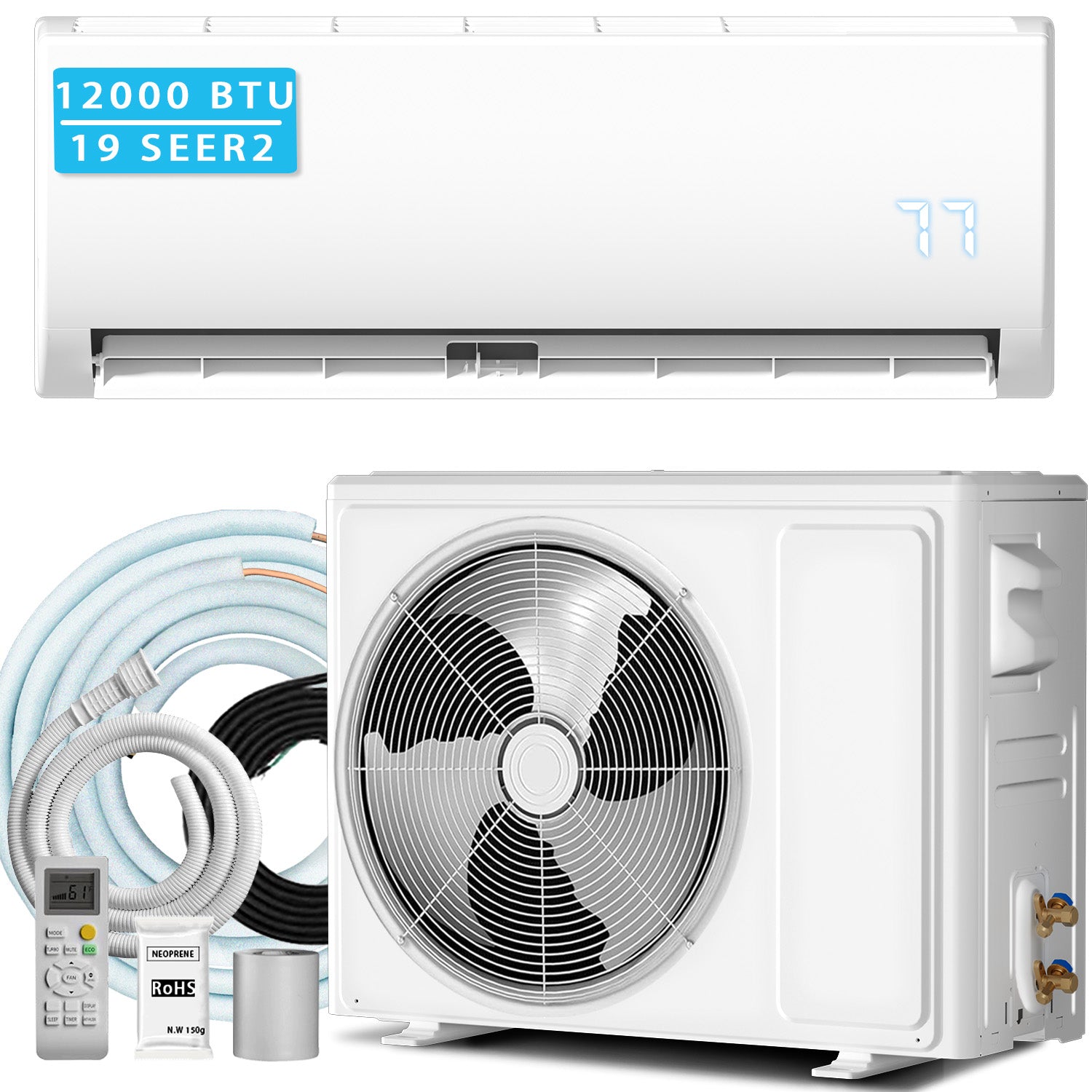 12000 BTU Mini Split Air Conditioner & Heater, 19 SEER2 230V Energy Efficient Ductless Wall-Mounted AC Unit Covers Up to 850 Sq.Ft, Remote Control