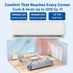 18000 BTU Mini Split Air Conditioner & Heater, 19 SEER2 230V Energy Efficient Ductless Wall-Mounted AC Unit Covers Up to 1050 Sq.Ft, Remote Control