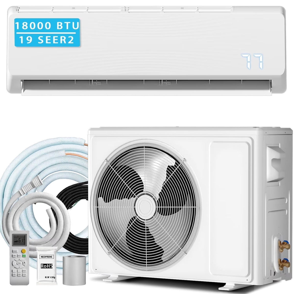 VAJIAZA 18000 BTU Mini Split Air Conditioner & Heater, 19 SEER2 230V Energy Efficient Ductless Wall-Mounted AC Unit Covers Up to 1050 Sq.Ft, Remote Control