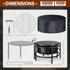 VAJIAZA 52" Fire Pits for Outside, Foldable Fire Pits with 26" Fire Stove and Table, Cold-Rolled Steel Fire Pit Tables with BBQ Net, Poker, Grill Brush and Protective Cover