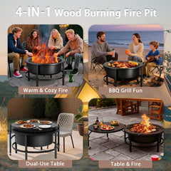 VAJIAZA 52" Fire Pits for Outside, Foldable Fire Pits with 26" Fire Stove and Table, Cold-Rolled Steel Fire Pit Tables with BBQ Net, Poker, Grill Brush and Protective Cover