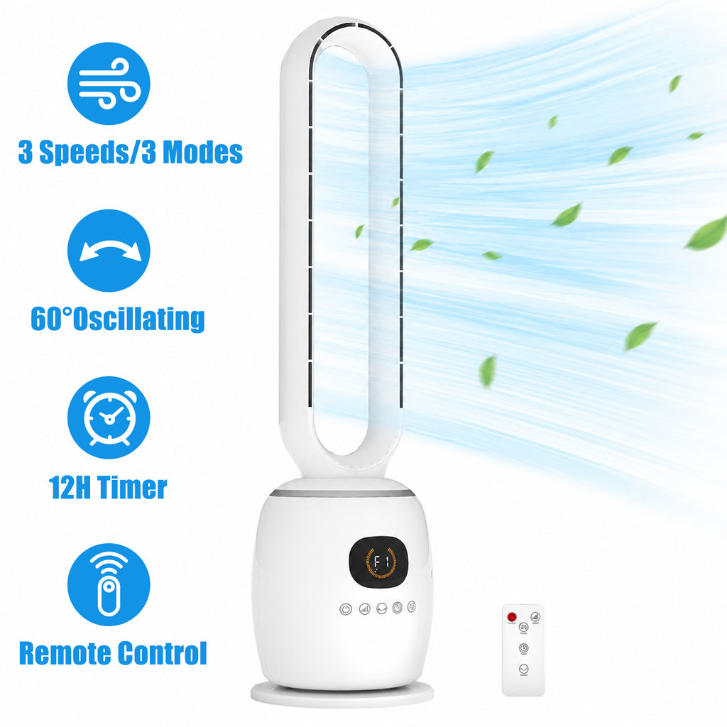 34in Bladeless Tower Fan with 60°Oscillating, 3 Speeds & 3 Modes Standing Floor Fan Equipped Remote Control, 12H Timer for Indoor Room Use