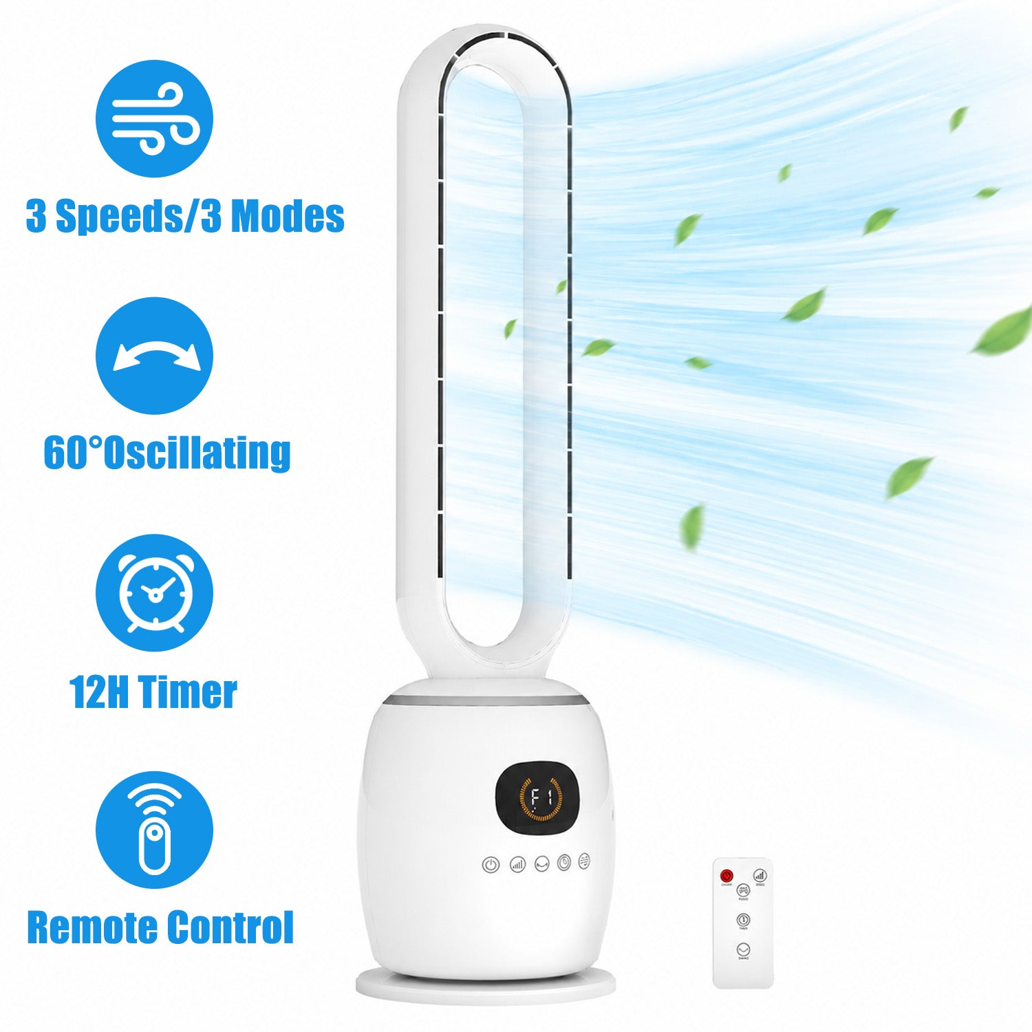 34in Bladeless Tower Fan with 60°Oscillating, 3 Speeds & 3 Modes Standing Floor Fan Equipped Remote Control, 12H Timer for Indoor Room Use